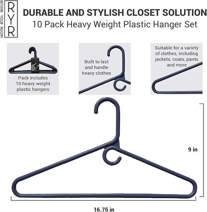 Rethink Your Room Clothes Hangers 10 Pack Plastic - Heavy Duty Space Saving Coat, Velvet Hangers, Pant Hangers for Closet Organization - Durable Non-Slip, Navy Wardrobe Essentials Bulk Storage