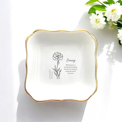 HatafaFurni Birthday Ring Dish Holder Gift for Her, Personalised Birth Flower Jewelry Dish Gift for Friend with custom Name, Message - Christmas Birthday Jewelry Tray, Ceramic Ring Dish for Mom Sister