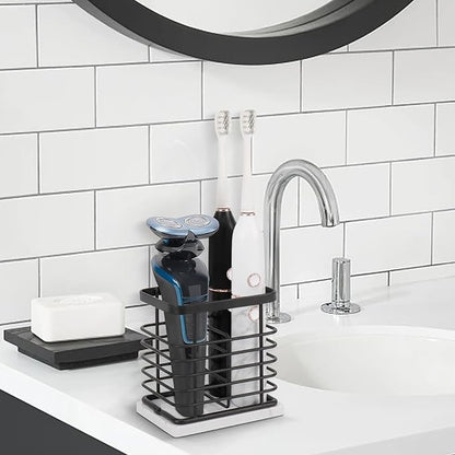 HarJue Toothbrush Holder, Luxurious Metal Toothbrush Toothpaste Holder with Marble Base for Bathroom, Multi-Slots Openwork Design, Bathroom Accessory for Storage and Organizer (Small, Matte Black)