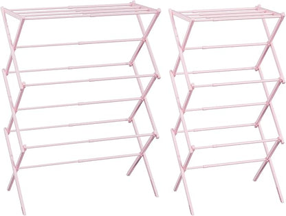 Foldable Drying Rack Clothing, 3-Tier Portable Clothes Drying Racks for Indoor & Outdoor, Anti-Rust Compact Laundry Rack Collapsible, Pink 28" D x 10" W x 35" H