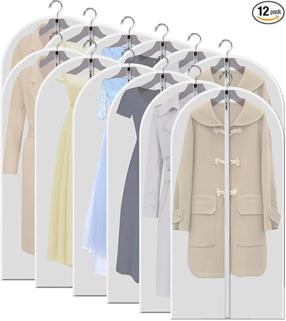 12-Pack 48-Inch Clear Garment Bags with Full Zipper - Dustproof Hanging Storage for Closets, Travel, and Seasonal Clothing Protection