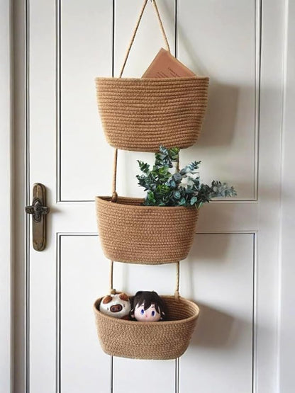 Over The Door Hanging Basket, 3 Tier Cotton Rope Woven Wall Basket, Magazine Racks Hanging Organizer, Decorative Hanging Storage Baskets for Organizing Living Room, Bathroom and Bedroom (Brown)