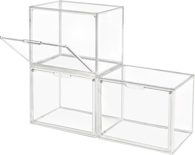 GUDEMAY Clear Stackable Plastic Storage Bins with Magnetic Lid, Dustproof Book & Cosmetic Display Cases, Large Figures Collectibles Showcase, Shoe Box, Protection Organizer (L, Count, 3)