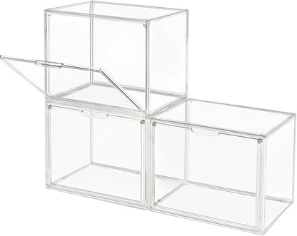 GUDEMAY Clear Stackable Plastic Storage Bins with Magnetic Lid, Dustproof Book & Cosmetic Display Cases, Large Figures Collectibles Showcase, Shoe Box, Protection Organizer (L, Count, 3)