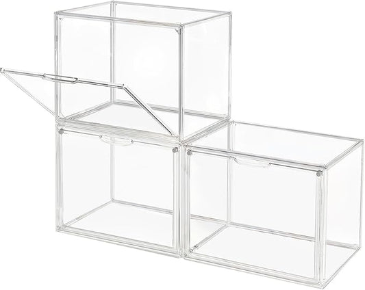 GUDEMAY Clear Stackable Plastic Storage Bins with Magnetic Lid, Dustproof Book & Cosmetic Display Cases, Large Figures Collectibles Showcase, Shoe Box, Protection Organizer (L, Count, 3)