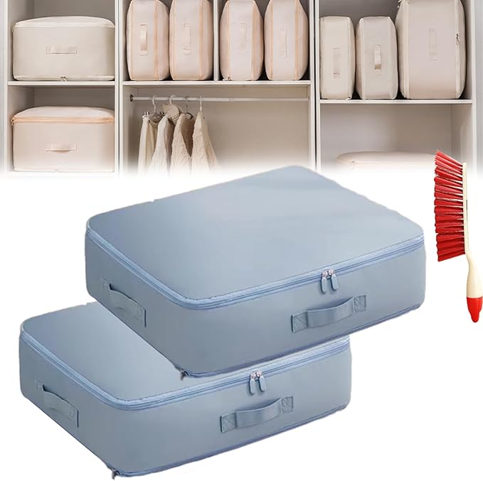 Ultra Space Saving Self Compression Organizer, 3-Layer Washable Comforter Storage Bag, Compression Bags for Storage for Storing and Organizing Winter Blanket, Duvets (2*Medium Blue)