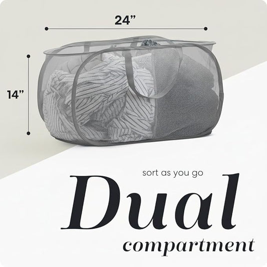 Foldable Laundry Basket - Popup and Collapsible, Durable Mesh Material, Folds for Storage, Easy Carry Handles - Great Hamper for College Dorm, Laundry Room or Travel (Grey, 2-Compartments)