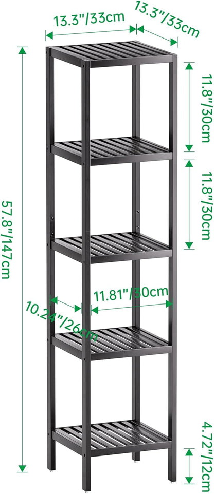 SMIBUY Bathroom Storage Shelf, 5-Tier Bamboo Rack Organizer, Multifunctional Shelving Unit for Living Room Bedroom Kitchen (Black)