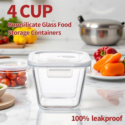 H.JSS WDJS 4 Cup Square Borosilicate Glass Food Storage Containers, 32oz Tall Glass Soup Containers with Lids, Large Square Meal Prep Bowl for Food, Salad, Lunch, Deli, Microwave, Freezer Saf (4Pack)