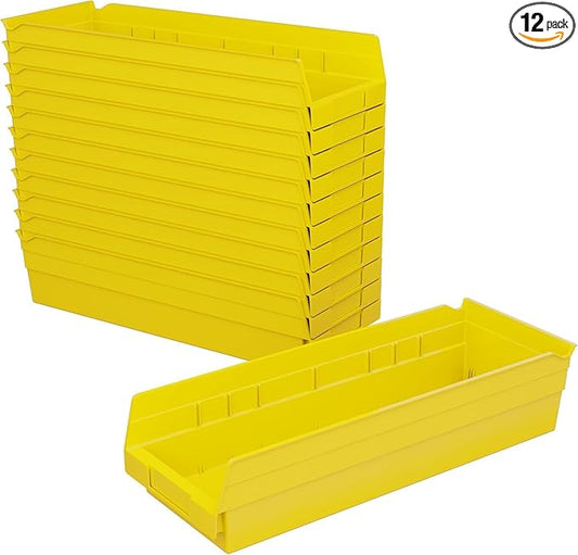 Akro-Mils 30138 Plastic Shelf Bins, Heavy Duty Storage Bins for Garage, Closet, and Drawer Organization, 18-Inch x 6-1/2-Inch x 4-Inch, Yellow, 12-Pack
