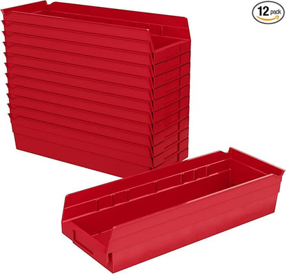 Akro-Mils 30138 Plastic Shelf Bins, Heavy Duty Storage Bins for Garage, Closet, and Drawer Organization, 18-Inch x 6-1/2-Inch x 4-Inch, Red, 12-Pack