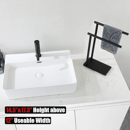 JQK Hand Towel Holder Stand Black, Modern Tree Rack Free Standing for Countertop with 12 Inch 2 Bars, 304 Stainless Steel Matte Black 9.45x5.12 Inch Base, HTT172-PB