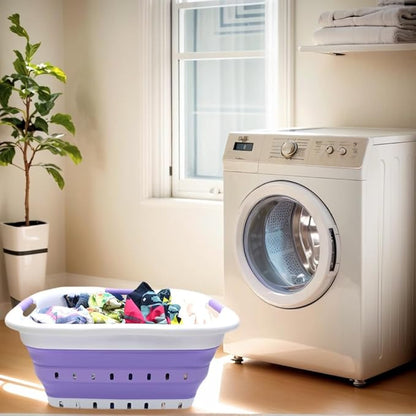 SAMMART 41L (10.8 gallon) Set of 2 Collapsible 3 Handled Plastic Laundry Basket-Foldable Pop Up Storage Container/Organizer-Space Saving Hamper/Basket (2, White/Lt. Purple)