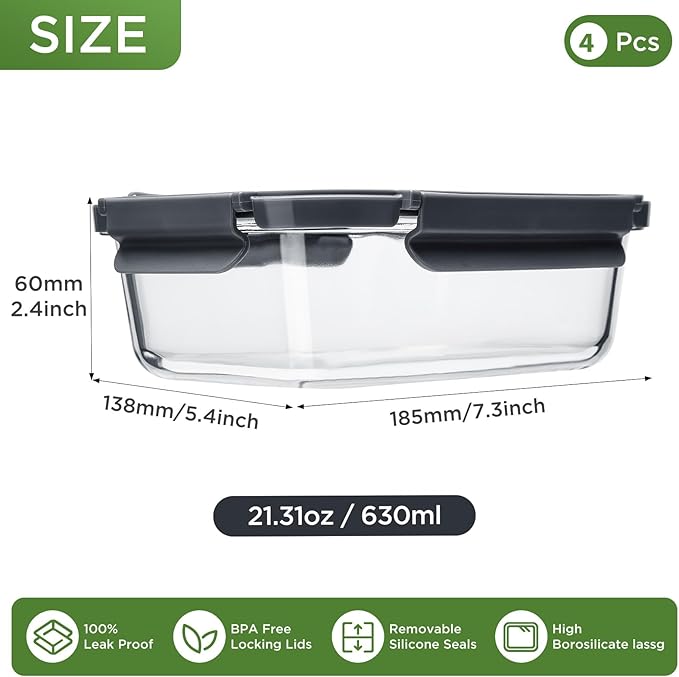 Spreccio Glass Food Storage Containers with Glass Lids, 4 Pack of 22oz, Meal Prep Container with Airtight Lids, Microwave Safe Food Container Set, BPA Free, LeakProof, Ideal for Lunch