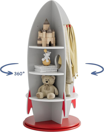 Rocket Kids Bookshelf, Space Themed Toy Storage Organizer with Coat Hooks, 360° Rotating Children's Bookcase for Playroom, Bedroom, Nursery