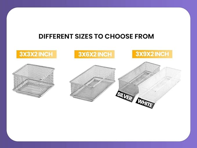 YBM HOME Silver Mesh Drawer Cabinet and or Shelf Organizer Bins, School Supply Holder Office Desktop Organizer Basket (2, 3x9x2 Inch)