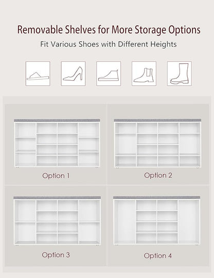 DINZI LVJ Shoe Storage Bench with Cushion, 14-Cubby Shoe Rack, Adjustable Shelves, Multifunctional Shoe Organizer Bench for Entryway, Mudroom, Hallway, Living Room, Bedroom and Garage, White
