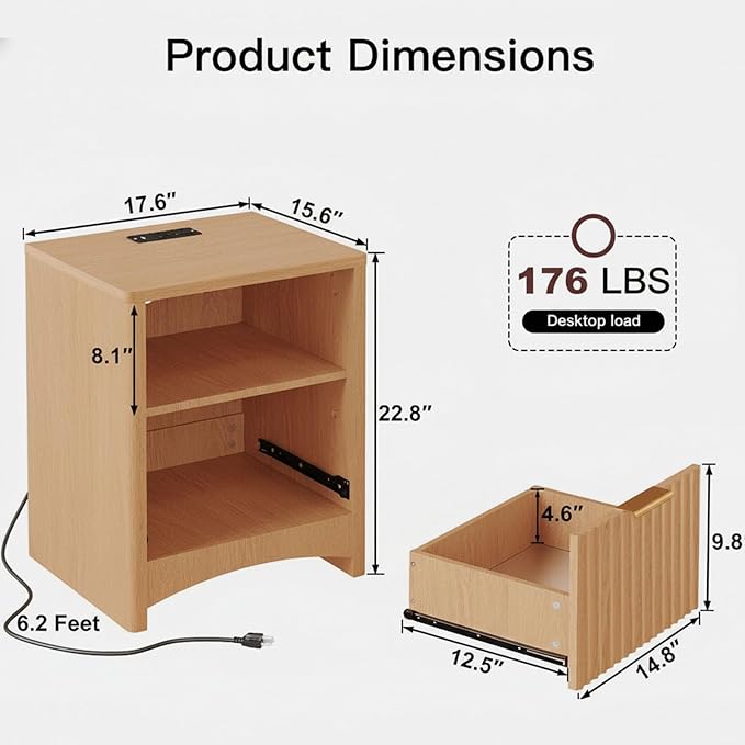 Pipishell Nightstand with Charging Station, Fluted Bedside Table with Storage & Drawer, Modern End Tables with USB & AC Outlets, Small Wood Night Stand for Bedroom, Light Oak