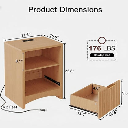 Pipishell Nightstand with Charging Station, Fluted Bedside Table with Storage & Drawer, Modern End Tables with USB & AC Outlets, Small Wood Night Stand for Bedroom, Light Oak
