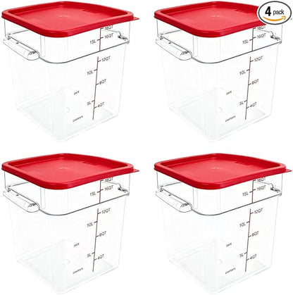 TSUBOR 4 Pack Food Storage Containers with Red Lids, 18.0 Qt - Square, Clear, Polycarbonate, for Restaurant Commercial Kitchen and Home party