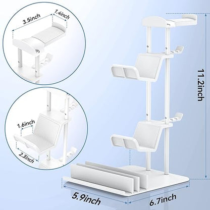 KDD Headphone Stand, Controller Holder & Headset Holder for Desk, Earphone Stand with Aluminum Supporting Bar, Universal Storage Organizer Headphones/Controller/Switch/Mobile Phone(White)