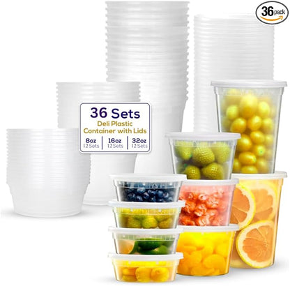 Supreme Deli Plastic Storage Containers with Lids 8oz, 16oz, 32oz [12 sets of each - 36 combo pack] Reusable Food Containers - Microwavable & Freezer friendly - Dishwasher safe - Secure fitting Covers