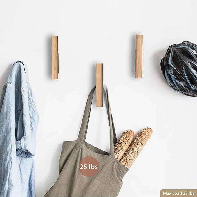 Wood Wall Hooks 4 Pack Coat Hooks Wall Mount Natural Wooden Hooks for Hanging Hat, Bag, Backpack, Rustic Coat Hooks for Wall, Wood Towel Hooks for Bathrooms and Entryway Hooks