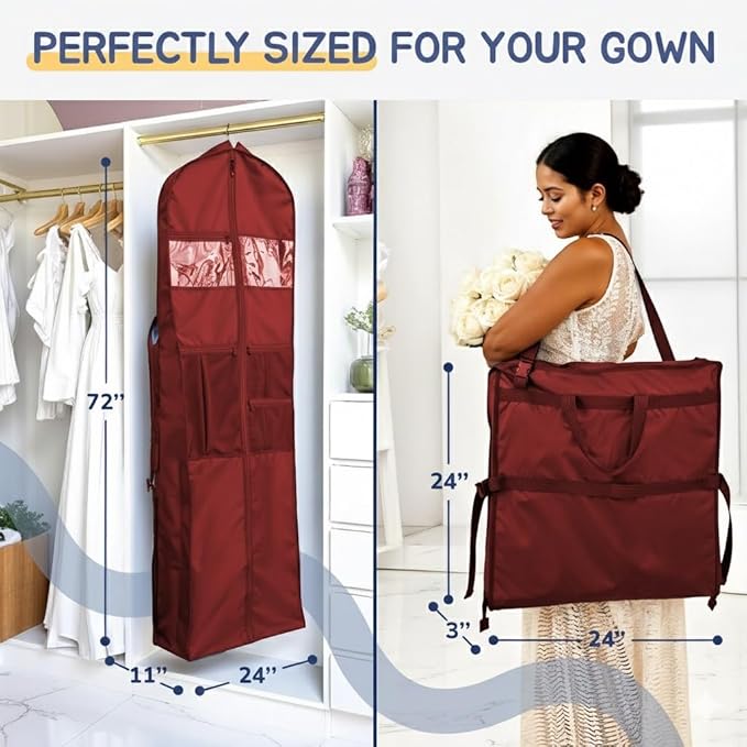 Sturdy Oxford polyester fabric - 72" Wedding Dress Garment Bag - Shoulder Strap - Accessory Pockets - Attaches to Suitcase – Waterproof – Trifold – Designed for Full Skirts – Carry Handle (Red)