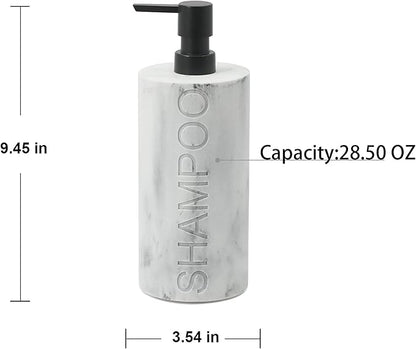 Indecor Home Resin White Marbled Shampoo Engraved Bottle Refillable Pump Dispenser, Durable Waterproof Construction for Bath, Shower - Resin White Marble - Matte Black Pump