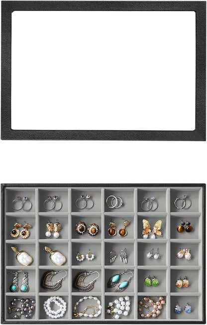 Wudygirl Jewelry Organizer 30 Grid Jewelry Tray with Lid Earring Holder Organizer for Women Ring Earring Bracelet Holder Storage (Pu Black Gray)
