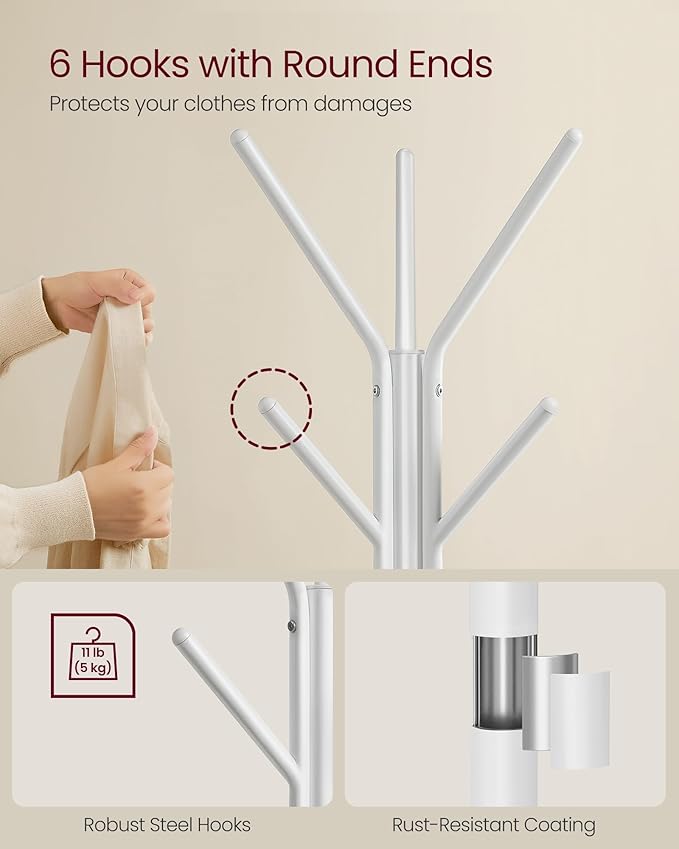 VASAGLE Coat Rack Freestanding, Coat Hanger Stand, Hall Tree with 2 Shelves, for Clothes, Hat, Bag, Industrial Style, Natural Beige and Pearl White URCR016N01