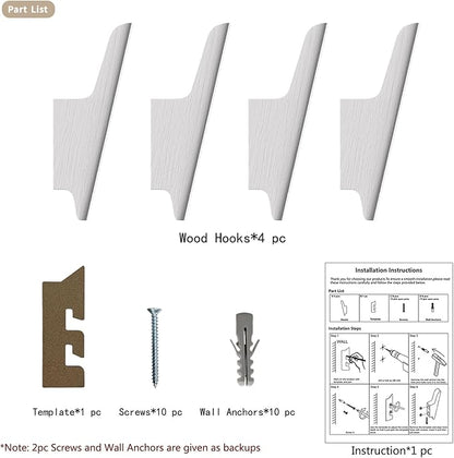 Wood Wall Hooks 4 Pack Coat Hooks Wall Mount White Wooden Hooks for Hanging Hat, Bag, Backpack, Rustic Coat Hooks for Wall, Wood Towel Hooks for Bathrooms and Entryway Hooks (White)