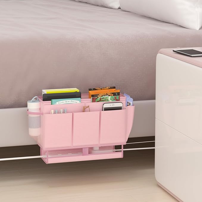 Frjjthchy Bedside Caddy, Bed Organizer with 11 Pockets and Power Strip Holder, Versatile Bedside Storage Caddy for Home,Dorm,Bunk,Hospital,Crib Bed (2 Pack Pink)