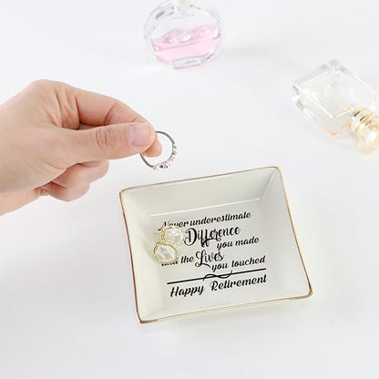 HOME SMILE Retirement Gifts for Women-Ceramic Ring Dish Jewelry Tray-Happy Retirement Appreciation Gift for Mom,Coworkers, Boss,Friends,Nurse,Teacher-Never Underestimate the Difference You Made