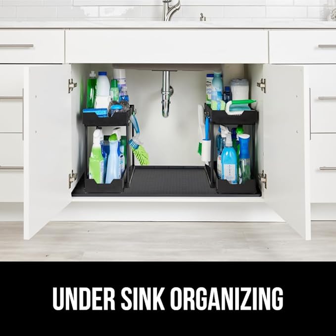 GORILLA GRIP Waterproof Silicone Under Sink Mat with Raised Lip for Kitchen and Bathroom, 28 x 22 in, Cabinet Shelf Liner Stay in Place Mats Dishwasher Safe Drawer Liner, Organizer Tray, Black