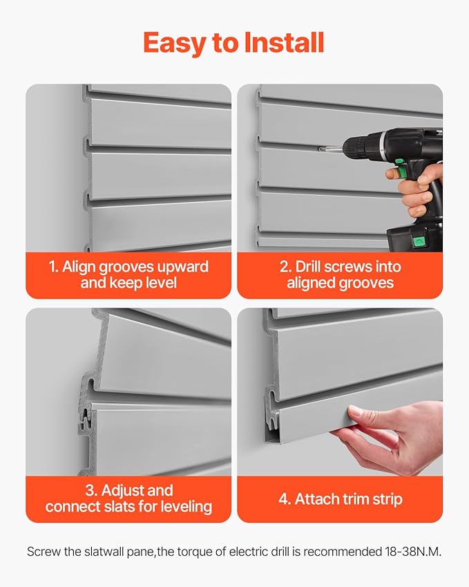 VEVOR Slat Wall Paneling, 4 x 4 ft, PVC Garage Slatwall with Modular Design, Grey Slat Wall Easy-to-Install Adjustable Slatwall Panel with Coupling Structure & DIY Cutting, Fits for Storage & Display