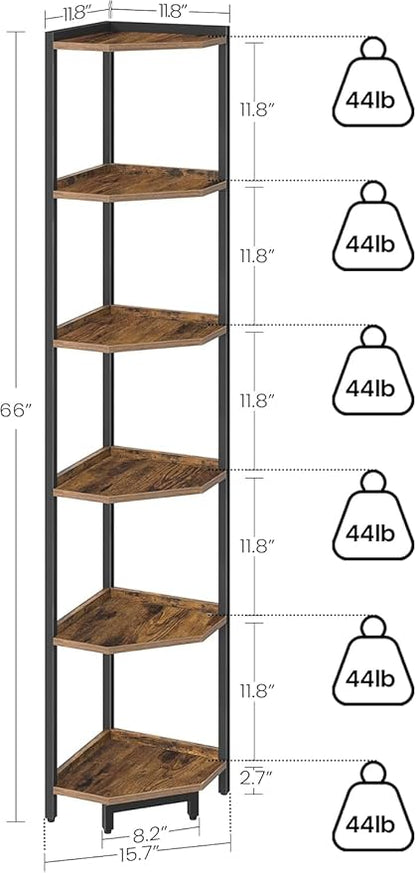 Corner Shelf Stand, Corner Bookshelf, Storage Standing Shelf Unit with Metal Frame, Plant Stand, Corner Bookcase for Living Room, Home Office, Bedroom, 6-Tier Rustic Brown CS06001B