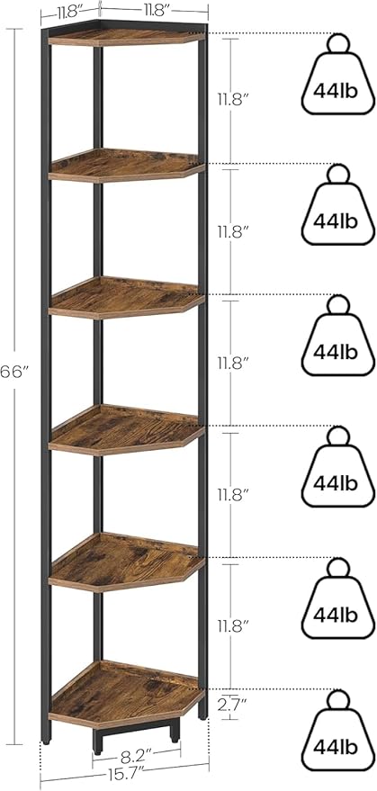 Corner Shelf Stand, Corner Bookshelf, Storage Standing Shelf Unit with Metal Frame, Plant Stand, Corner Bookcase for Living Room, Home Office, Bedroom, 6-Tier Rustic Brown CS06001B