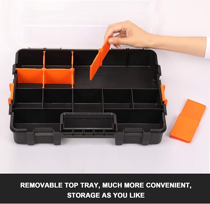 CASOMAN Tool Box Organizer Interlocking Black Small Parts Organizer for Fasteners and Crafts w/Removable Dividers (2 Piece Pack)