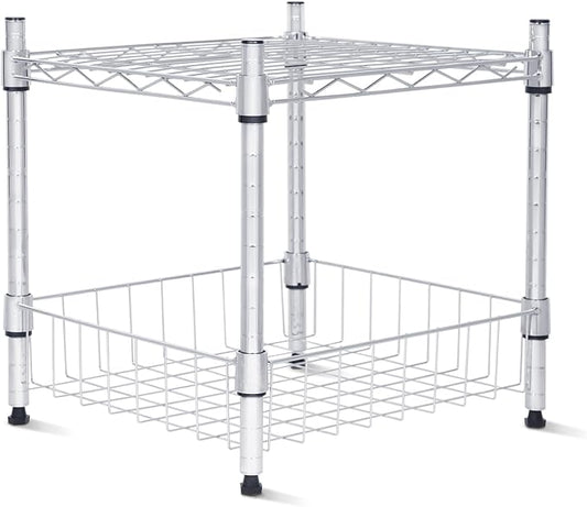 Whitmor 2 Tier Metal Storage Shelves, Heavy Duty Shelf with Basket, 350 lbs Capacity per Shelf, 700 lbs Total, Home Organizer for Kitchen, Garage, Bathroom, 15" L x 14" W x 15" H, Chrome