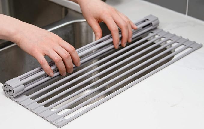 Surpahs 17.5 x 13.1 Inch Roll-Up Dish Drying Rack, Fits Sinks up to 16.5 Inch Wide, Heavy-Duty Premium Silicone, Strong Support, Non-Slip, Heat-Resistant, Warm Gray