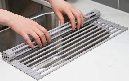 Surpahs 17.5 x 13.1 Inch Roll-Up Dish Drying Rack, Fits Sinks up to 16.5 Inch Wide, Heavy-Duty Premium Silicone, Strong Support, Non-Slip, Heat-Resistant, Warm Gray