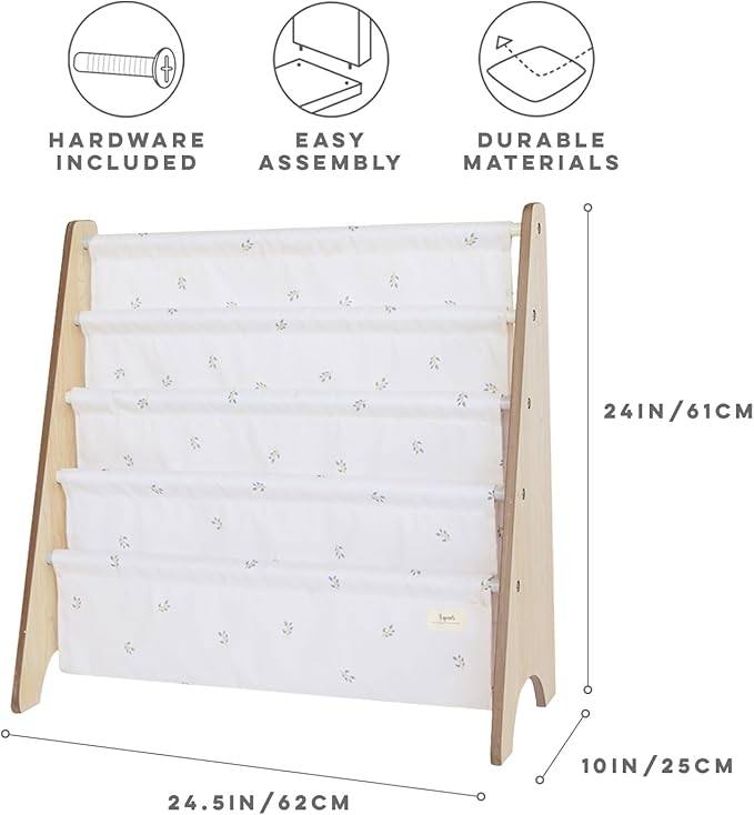 3 Sprouts Recycled Fabric Kids Bookshelf – 4-Tier Sling Book Rack Organizer - Nursery Room Playroom Classroom Wooden Book Shelves - Kid Bookcase Wood Storage Shelf for Toddler Age 3+ - Blueberry Taupe