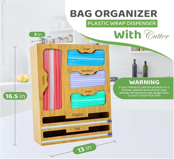 Storage Bag organizer, 6 in 1 Foil and Plastic Wrap Dispenser with Cutter, Bamboo Kitchen Drawer Organizer Food Bag Organizer for Gallon, Quart, Sandwich, Snack Bags (Natural)