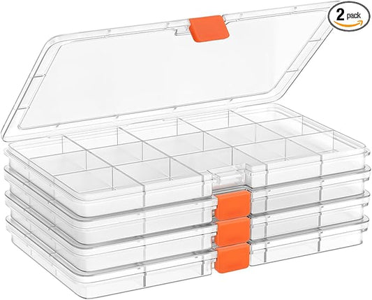 2PACK Extra Thick Bead Organizers, 15 Grid Mini Clear Plastic Storage Box Craft Containers for Nail jewelry rhinestones DIY Supply Case