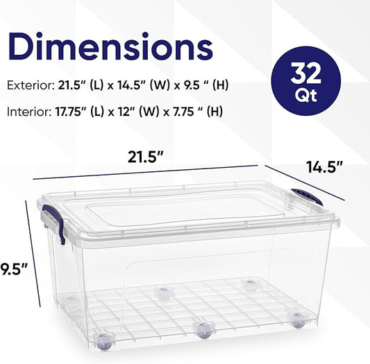 Superio Storage Bins with Lids- Clear Boxes for Organizing, Stackable Plastic Containers- BPA Free, Non-Toxic, Odor Free, Organizer for Home, Office, Dorm (8 Pack, 32 Qt (Wheeled))