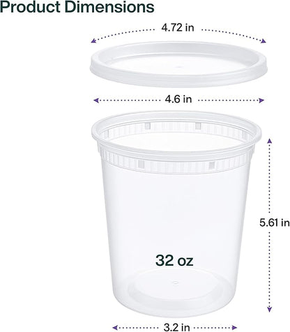 ProTakeOut 32oz [24 set] Heavy Duty Plastic Deli Container | BPA-Free Food Storage with Airtight Leak‑Proof Lids | Microwave, Freezer & Dishwasher Safe – Stackable, Bulk Reusable Soup & Meal Prep Tub