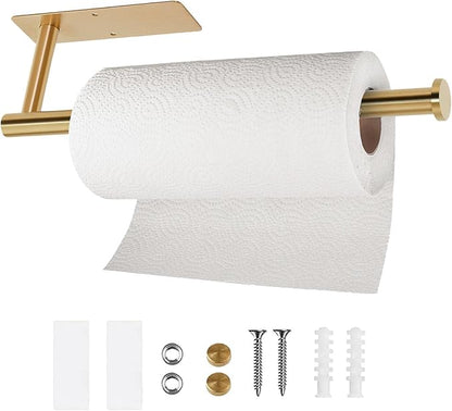 Paper Towel Holder Under Cabinet Wall Mount Paper Towel Holder Adhensive SUS304 Stainless Steel Kitchen Towel Holder Rack Hanging Paper Holder for Kitchen Bathroom Organizer(1,Gold)
