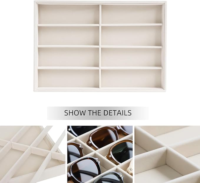 Stratalife Sunglasses Organizer Velvet Sunglass Organizer Tray Drawer Jewelry Storage Tray Bracelet Watch Display Case for Men Women Beige (8 Grids)