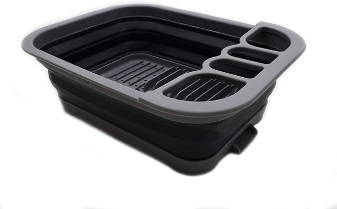 SAMMART Collapsible Dish Drainer with Drainer Board - Foldable Drying Rack Set - Portable Dinnerware Organizer - Space Saving Kitchen Storage Tray (1, Grey/Black)